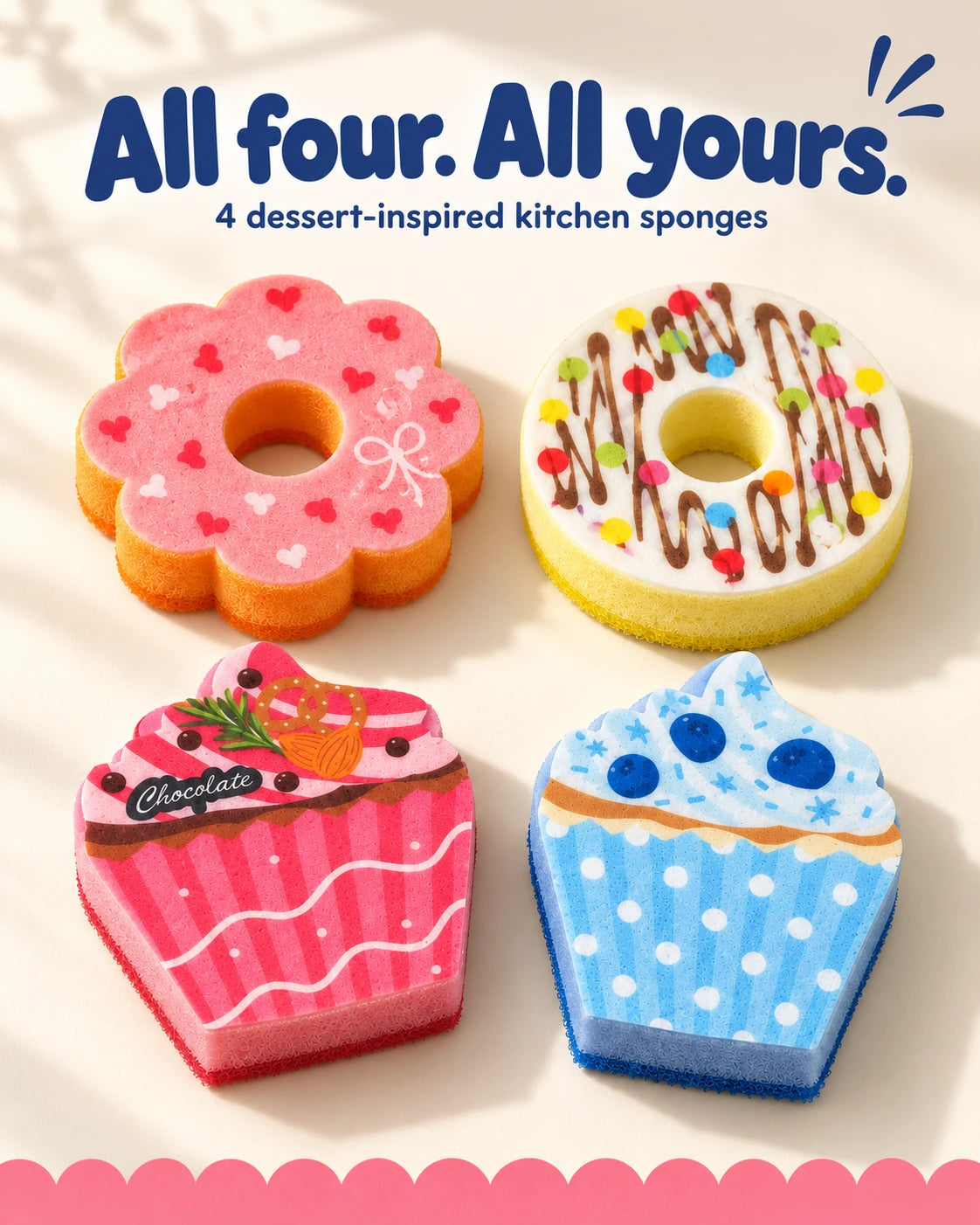 All four Hearts and Drizzles kitchen sponges: pink heart donut, drizzle donut, pink cupcake and blue cupcake.