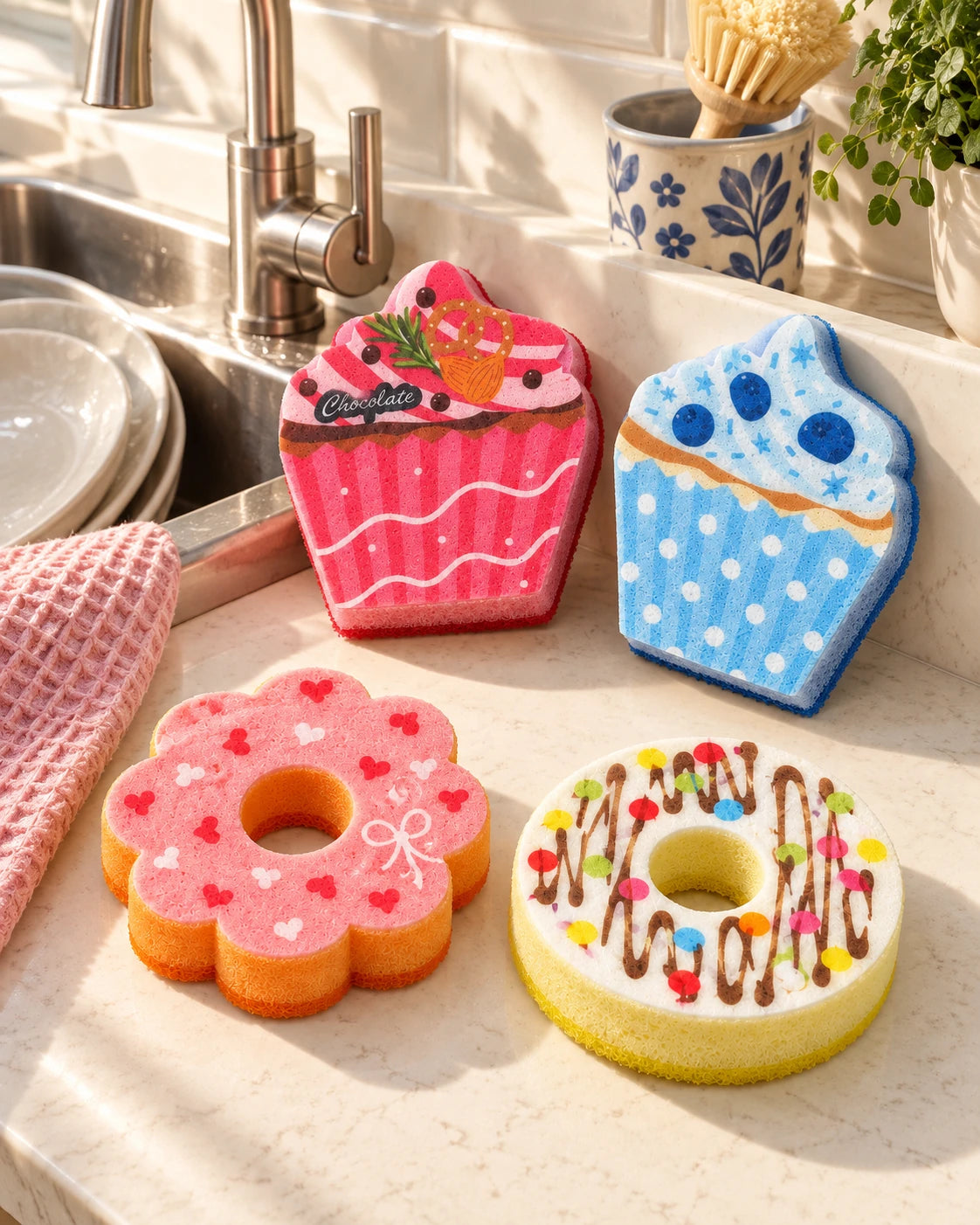The four Hearts and Drizzles kitchen sponges arranged beside a sink with a pink towel.