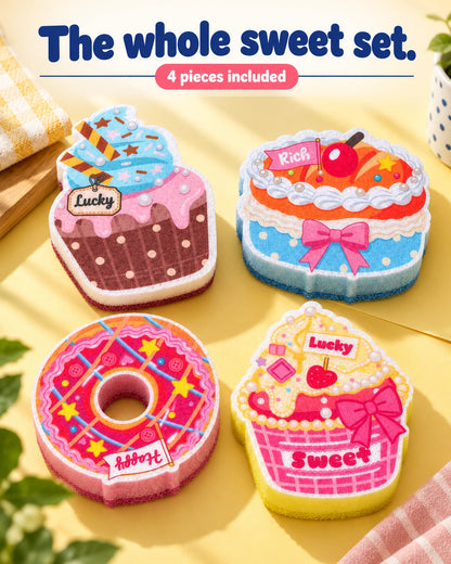 The complete four-piece set: pink donut, round layer cake, blue-and-brown cupcake and pink-and-yellow cupcake kitchen sponges.