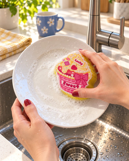 A hand uses the pink-and-yellow cupcake sponge to wash a white plate with modest soap foam.