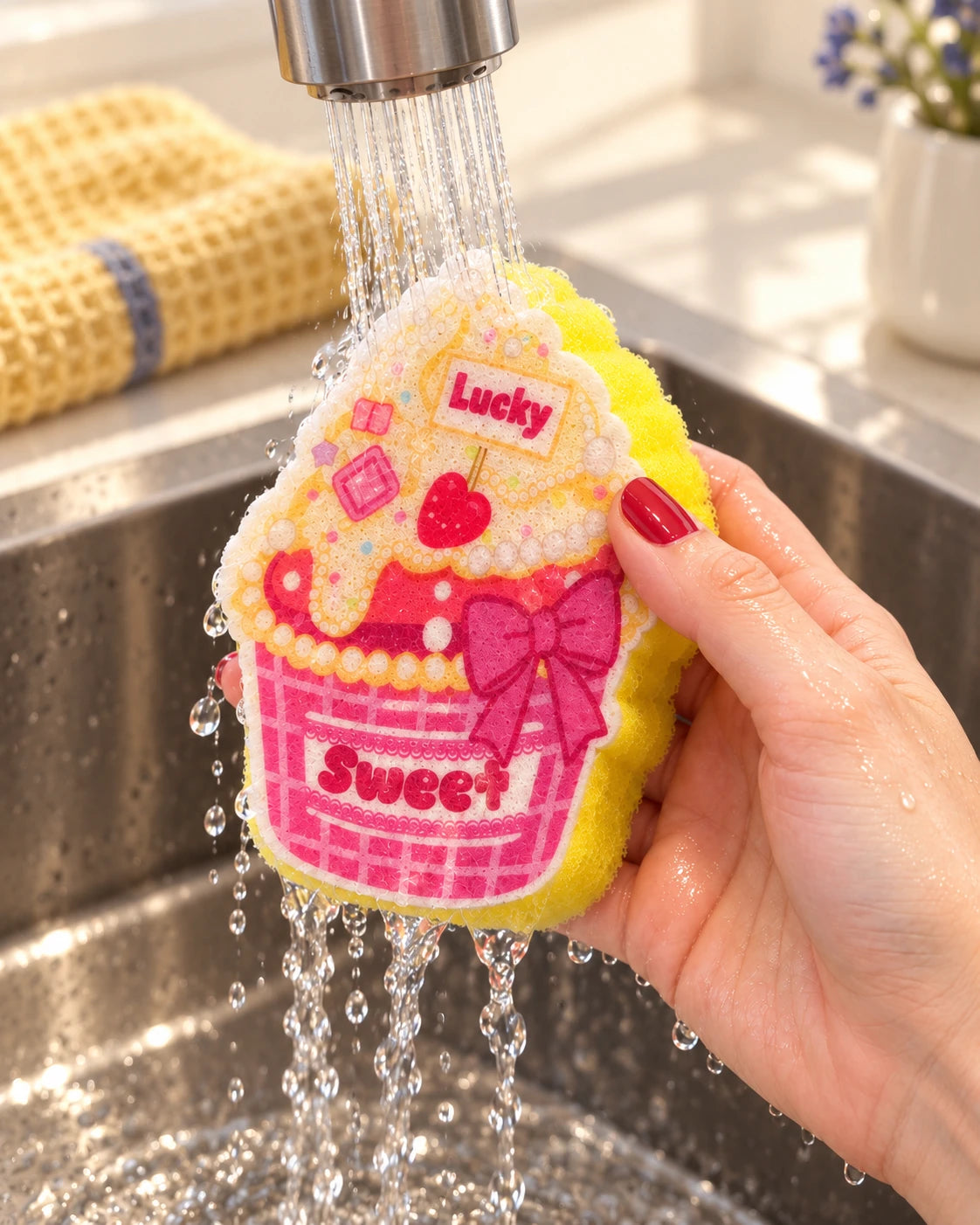 The pink-and-yellow cupcake sponge being rinsed under a kitchen faucet.