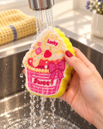 The pink-and-yellow cupcake sponge being rinsed under a kitchen faucet.