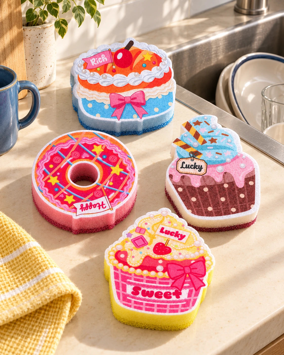 All four Bows and Sprinkles kitchen sponges displayed beside a stainless-steel sink.