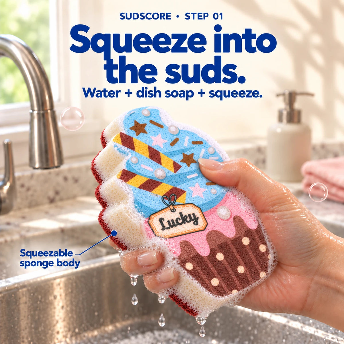 A wet Blue & Brown Cupcake sponge gently squeezed in an adult hand with normal dish-soap lather.
