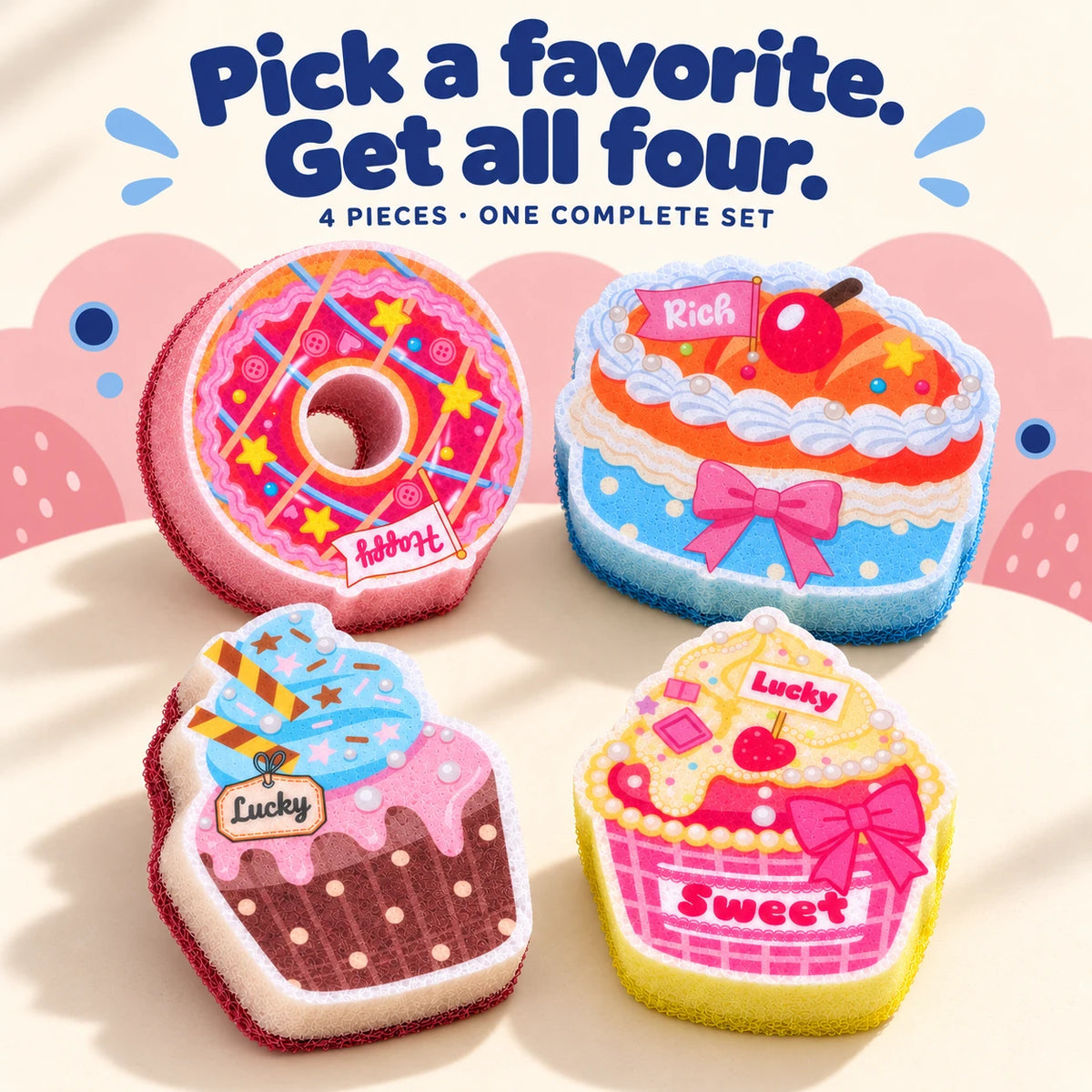 All four dessert-inspired cleaning sponge designs in the second Foamberry assortment, one of each included.