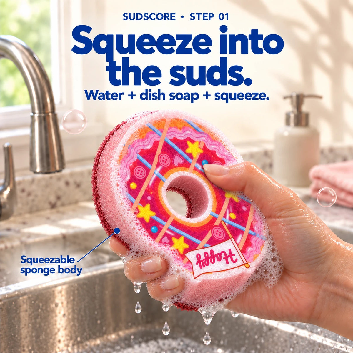 An adult hand gently squeezing the wet Pink Ring Donut with normal dish-soap lather above a kitchen sink.