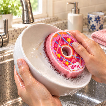 The Pink Ring Donut cleaning back contacting a ceramic bowl, with its printed face and pink sponge body visible.