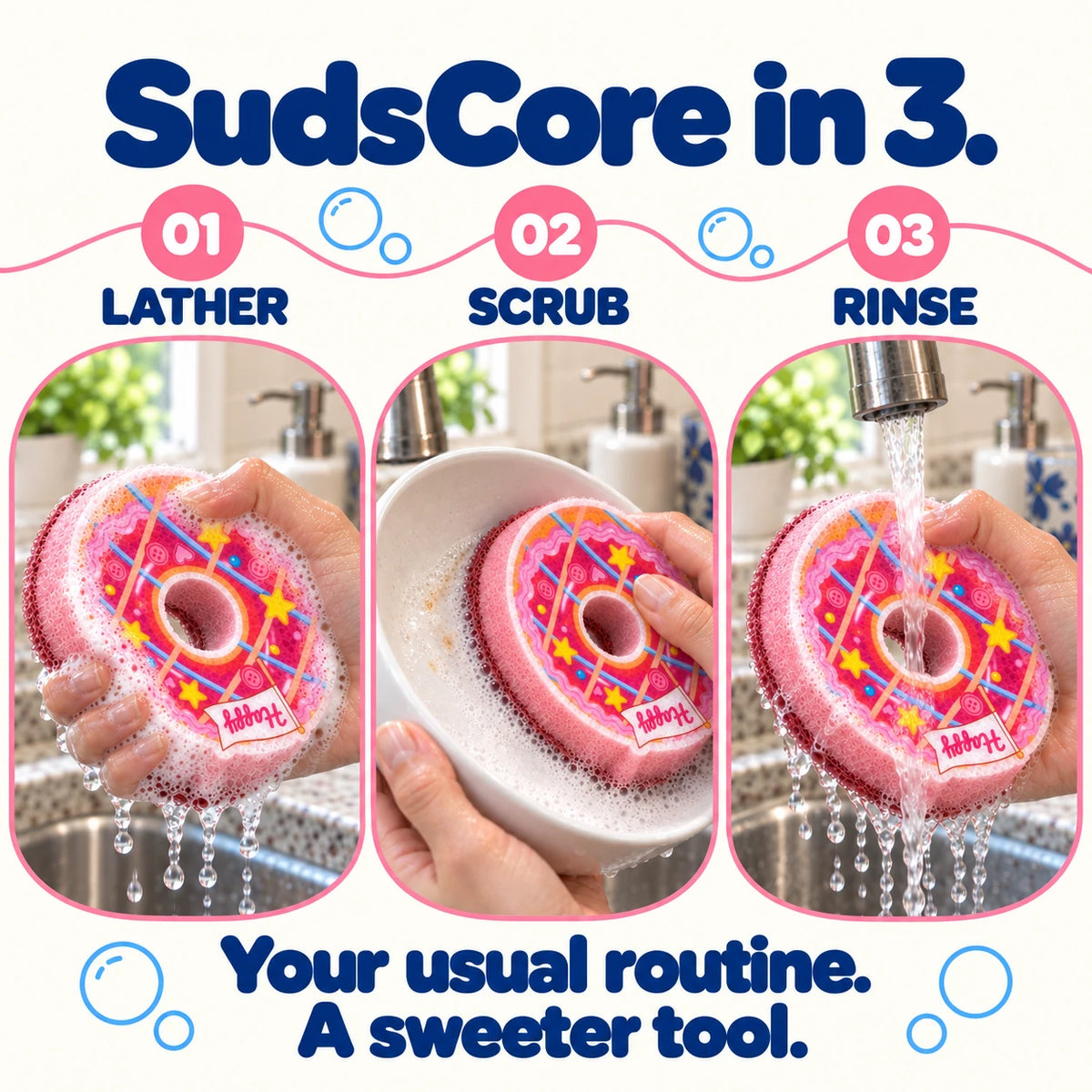 SudsCore in three: lather, scrub a ceramic bowl, and rinse the same Pink Ring Donut under running water.