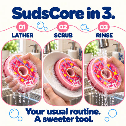 SudsCore in three: lather, scrub a ceramic bowl, and rinse the same Pink Ring Donut under running water.