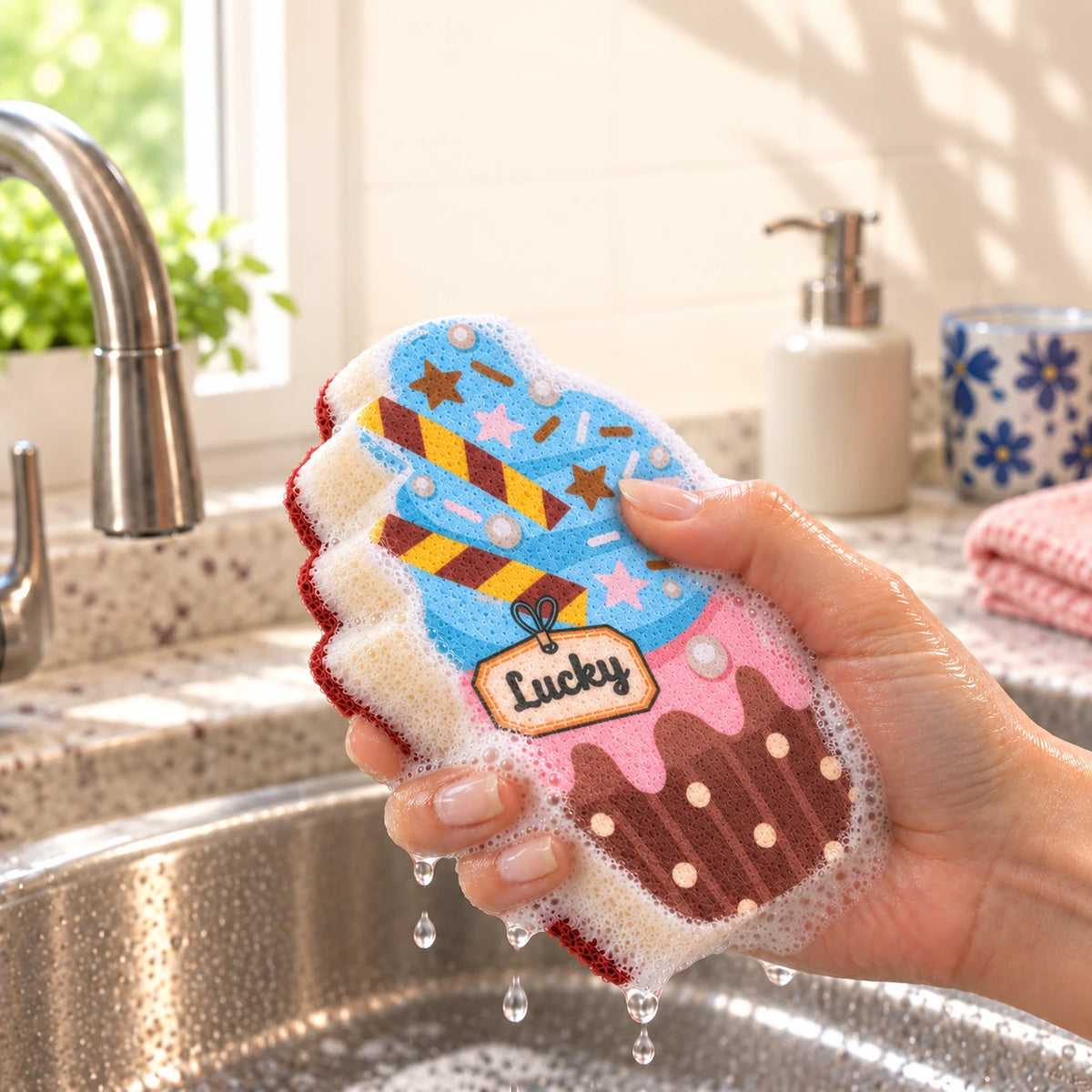 Step one: wet the Blue & Brown Cupcake sponge, add dish soap, and gently squeeze to lather.