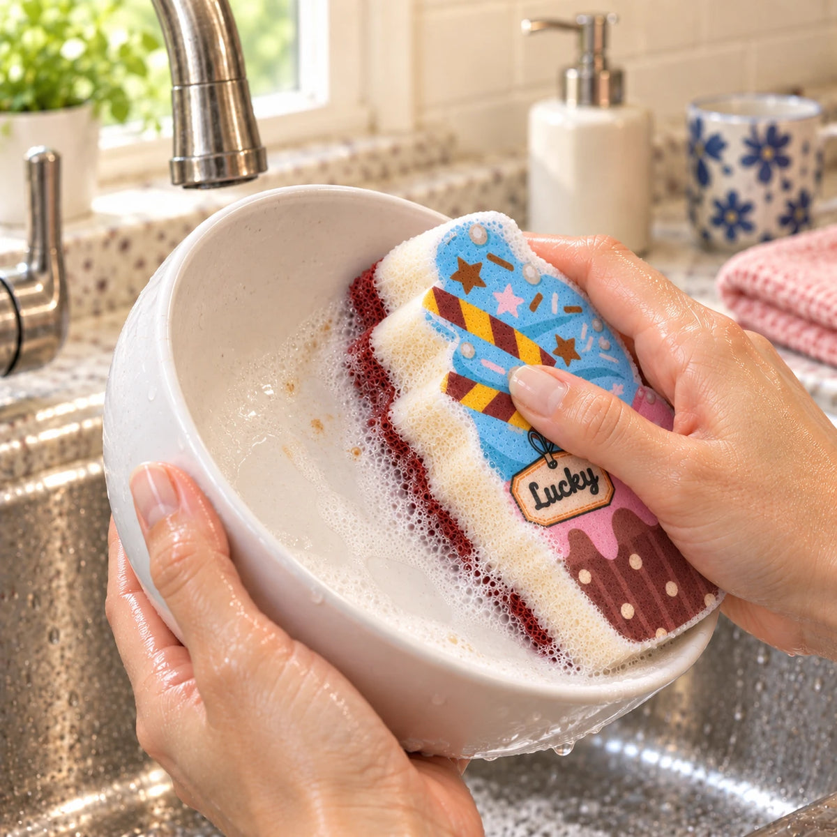Step two: the textured burgundy backing of the Blue & Brown Cupcake sponge contacts a white bowl during dishwashing.
