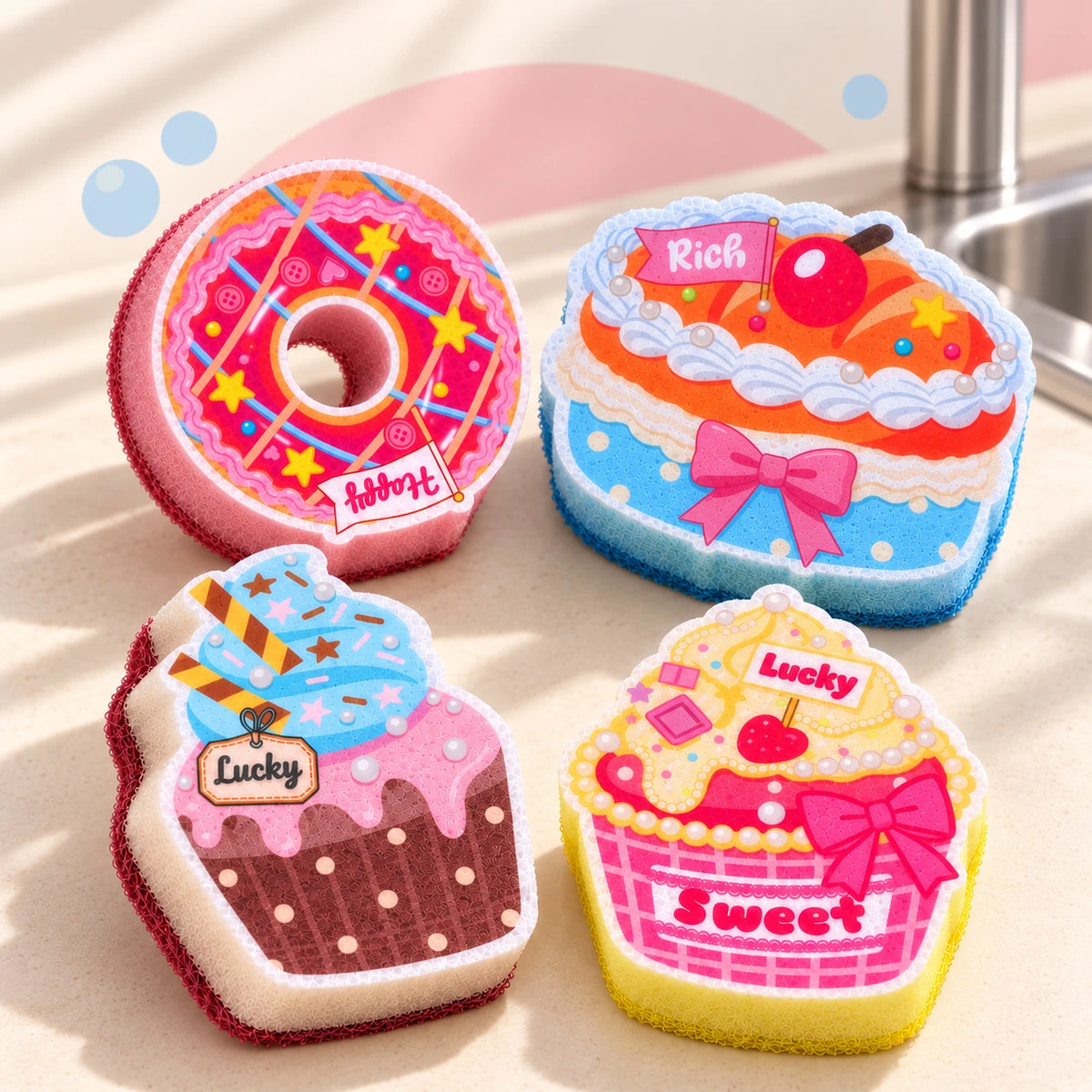 Bows and Sprinkles four-piece Foamberry collection resting naturally near a stainless-steel kitchen sink